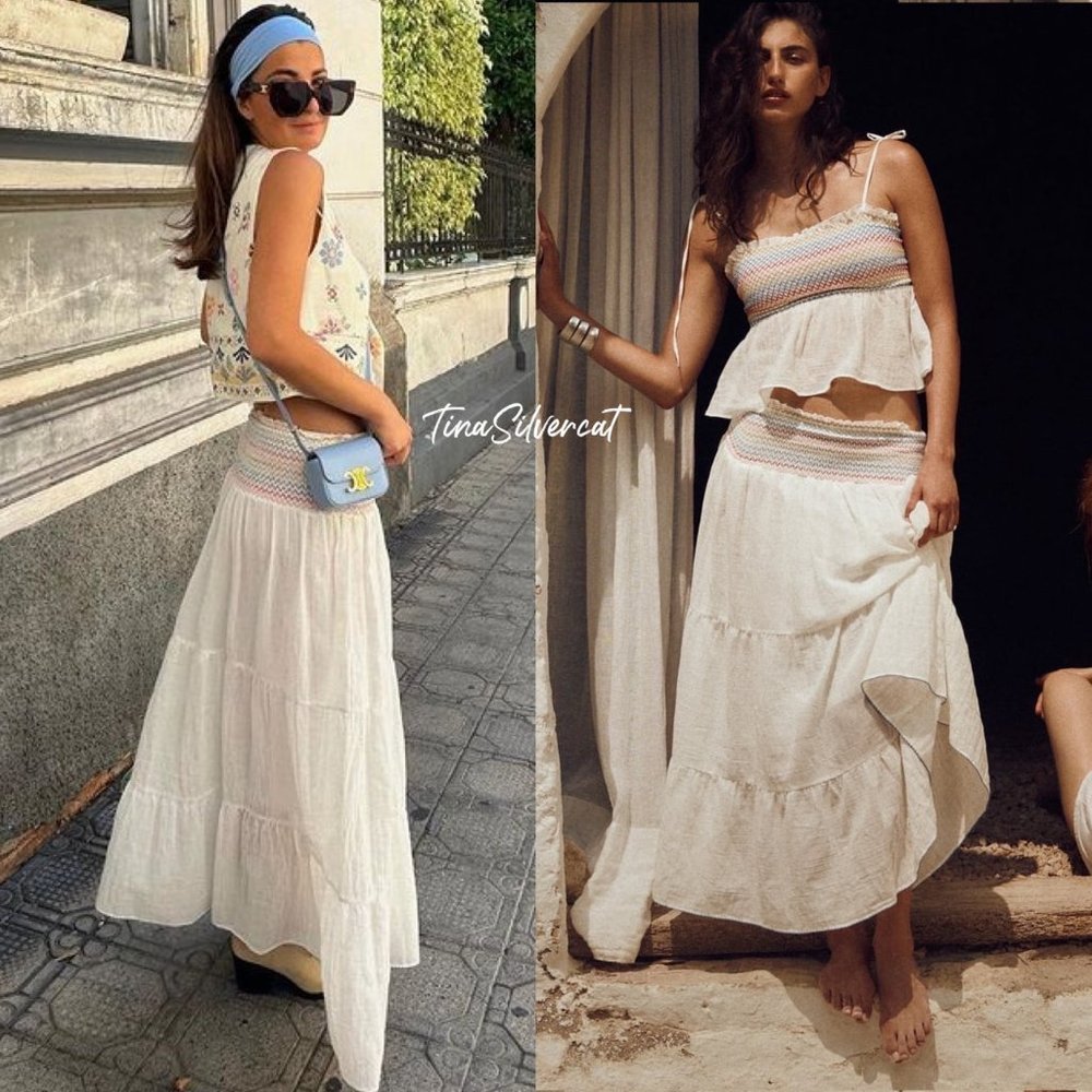 Zara Cream Tiered Maxi Skirt Set with Pastel Smocked Detail